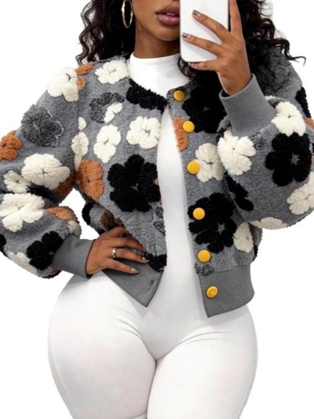 Floral Sherpa Bomber Jacket - Gray